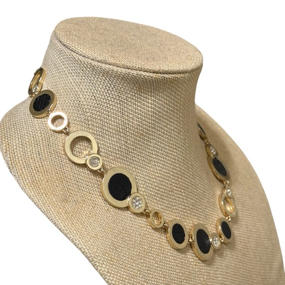 Anne Klein Gold Tone Circle Necklace Black Rhinestone Statement 16.5" - Picture 3 of 5